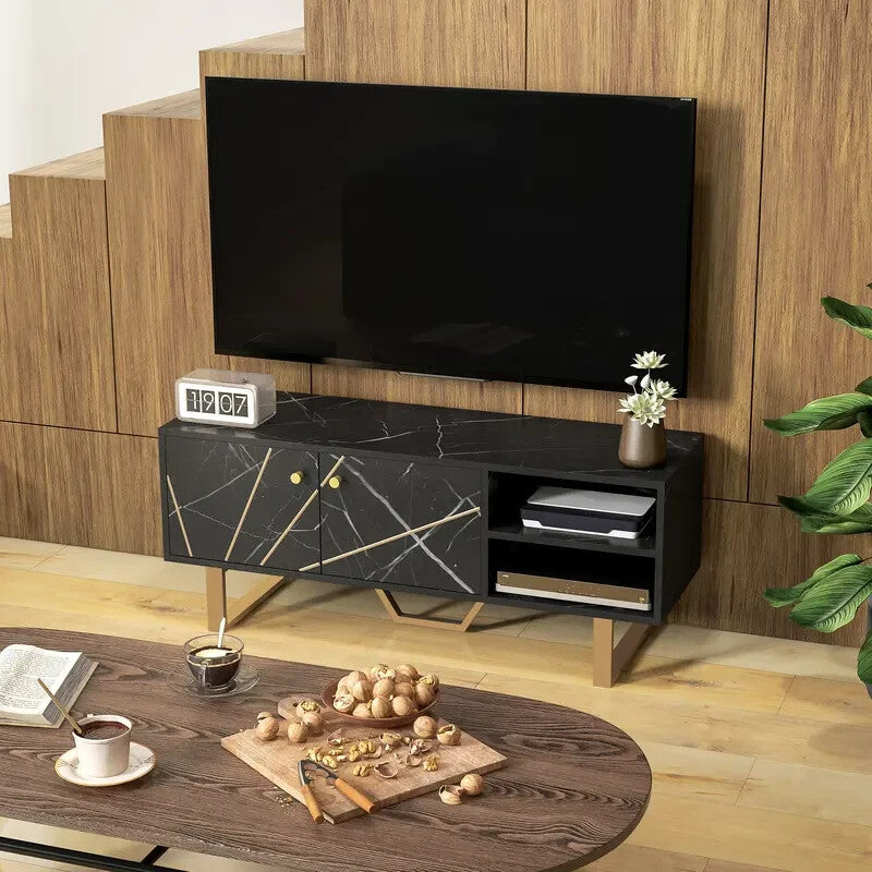 Modern Black Marble TV Unit Cabinet Stand for 50" Screen with Storage