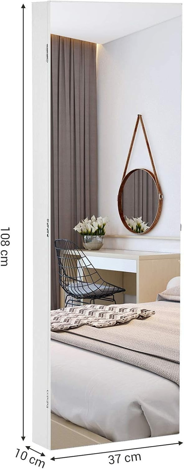 White Extra Wide Mirrored Jewelry Cabinet Lockable Storage Stand