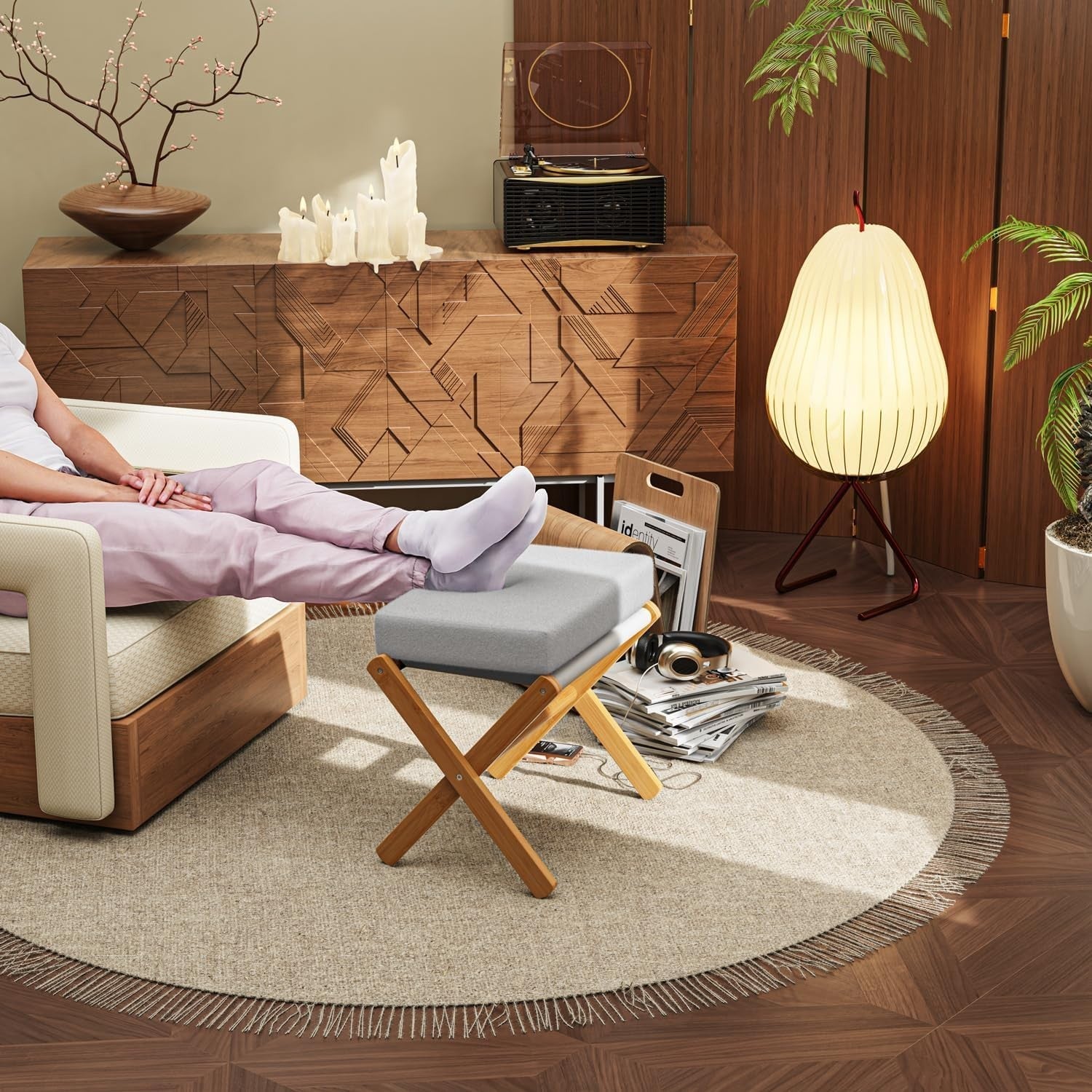 Natural Bamboo Foldable Footstool with Grey Cushion & X-Leg Footrest Design