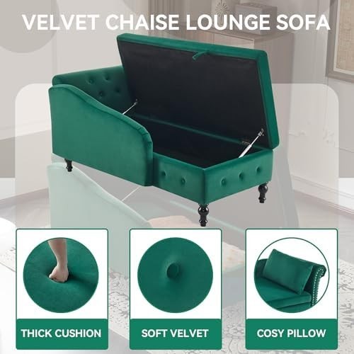 Velvet Chaise Lounge Sofa with Storage, Button Tufted, Plush Velvet, Green, Righ