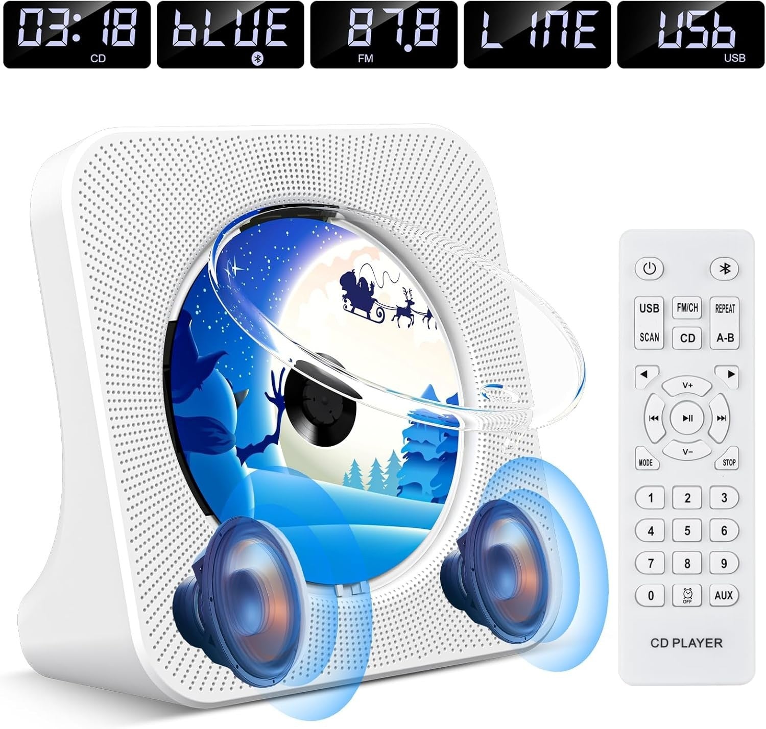 Desktop CD Player Bluetooth 5.0 Speakers FM Radio USB AUX Remote LCD