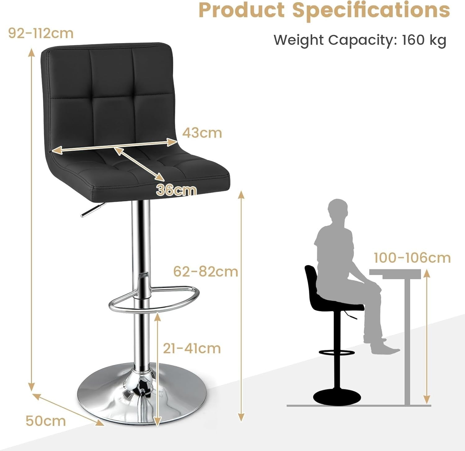 Set of 2 Adjustable Black PU Leather Bar Stools with Swivel & Footrest