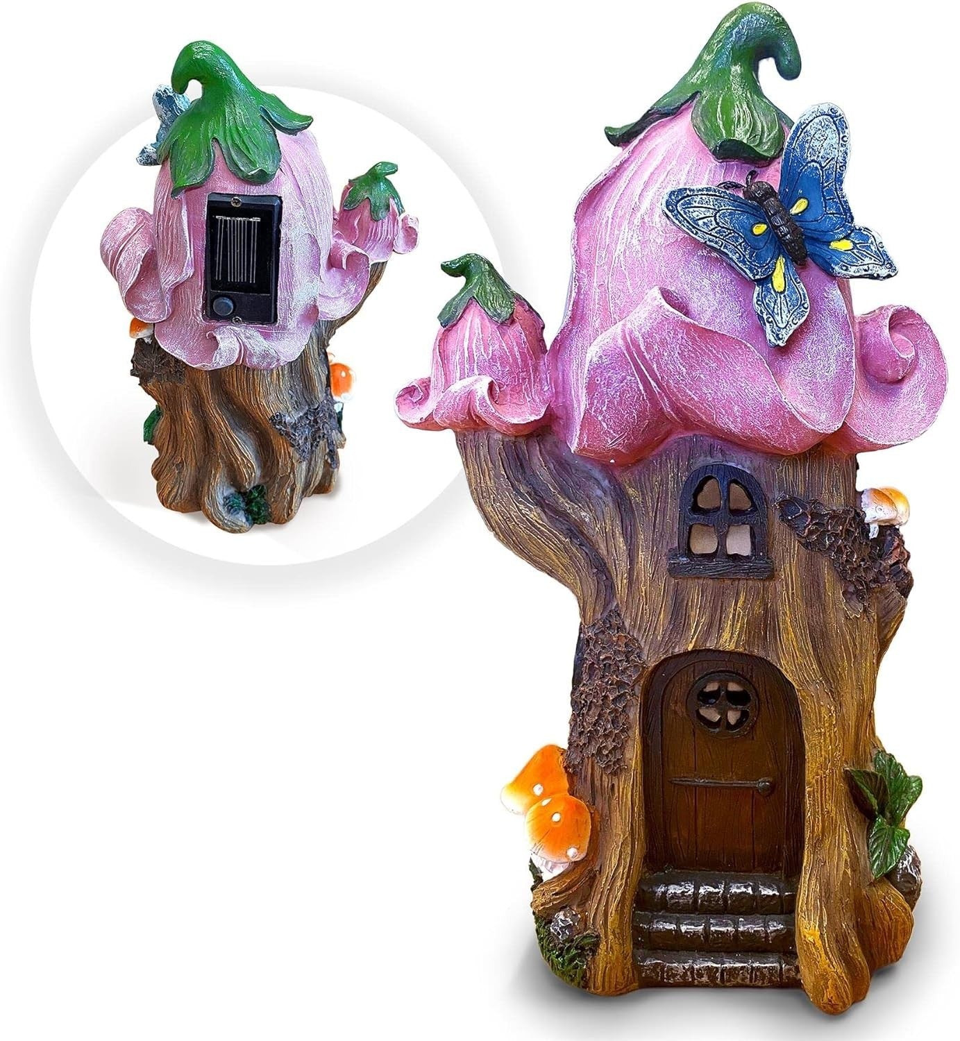 Solar Fairy House Garden Ornament Pink Flower LED Resin Patio Décor 27cm
