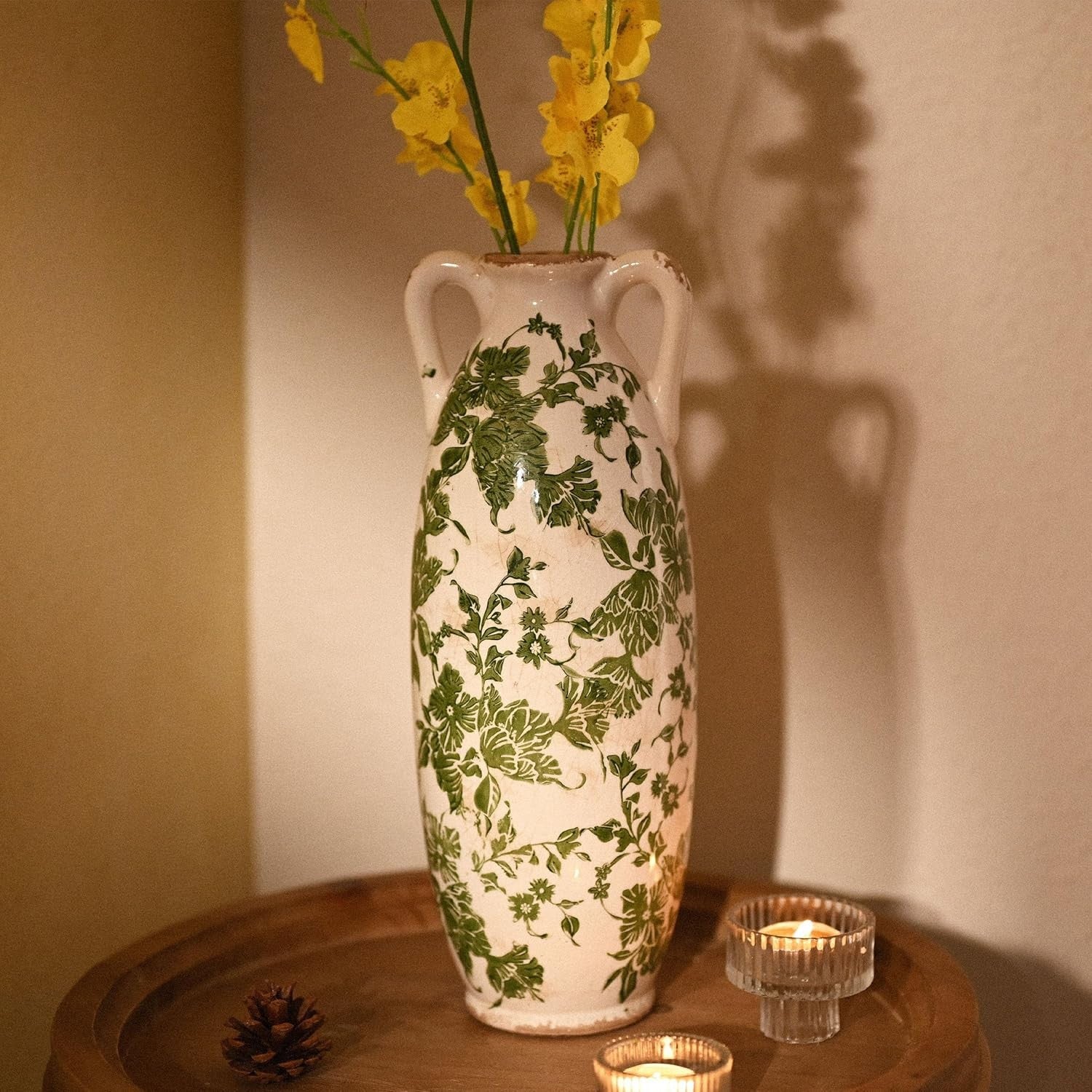 Tall Green White Ceramic Floor Vase for Pampas Grass Farmhouse Decor 13.8"