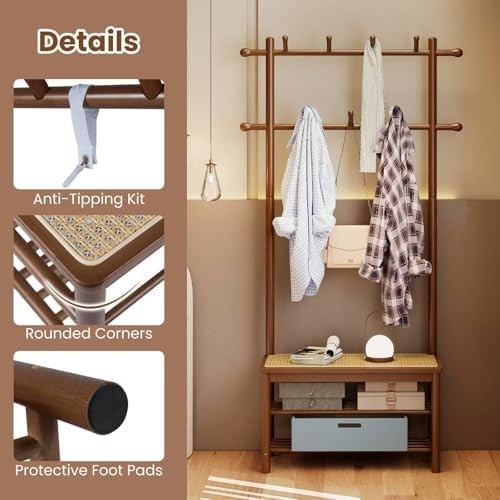 3-in-1 Bamboo Coat Rack with Bench & Shelves Rattan Hallway Entryway Storage