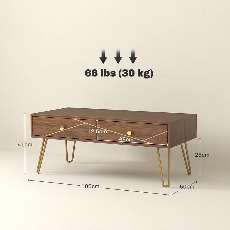 Modern Coffee Table with Storage Drawers & Gold Legs – 100cm, Brown