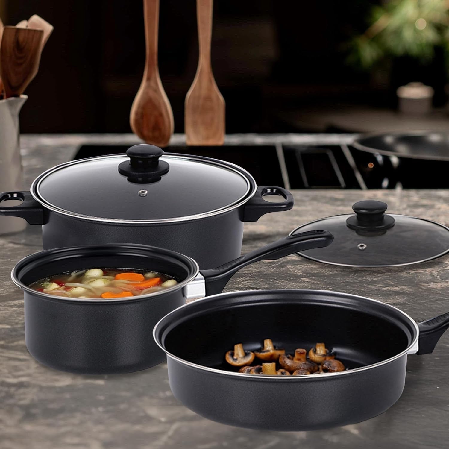 5Pcs Non Stick Carbon Steel Cookware Set with Glass Lids Bakelite Handle Black