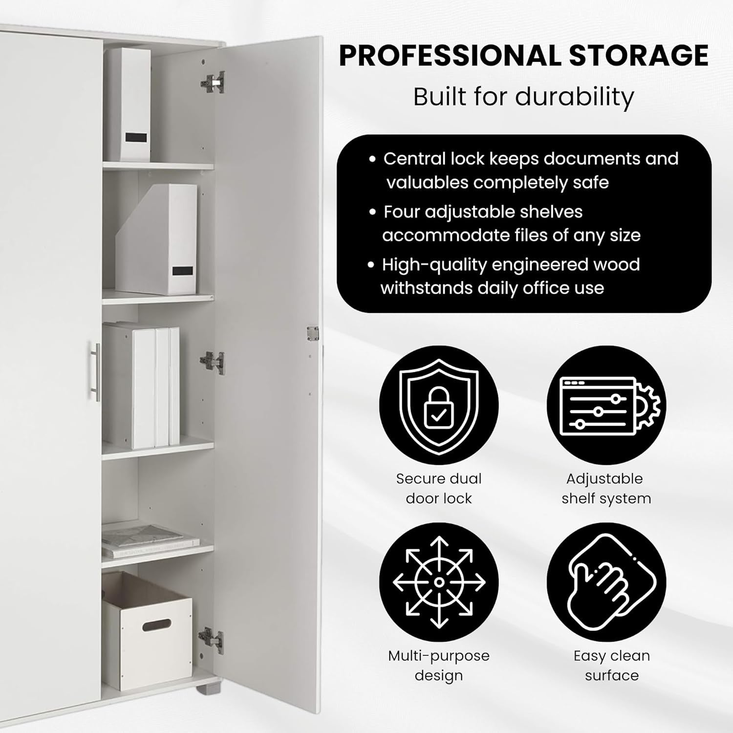 Tall White Storage Cupboard 2 Door Lockable Cabinet with 4 Shelves Office