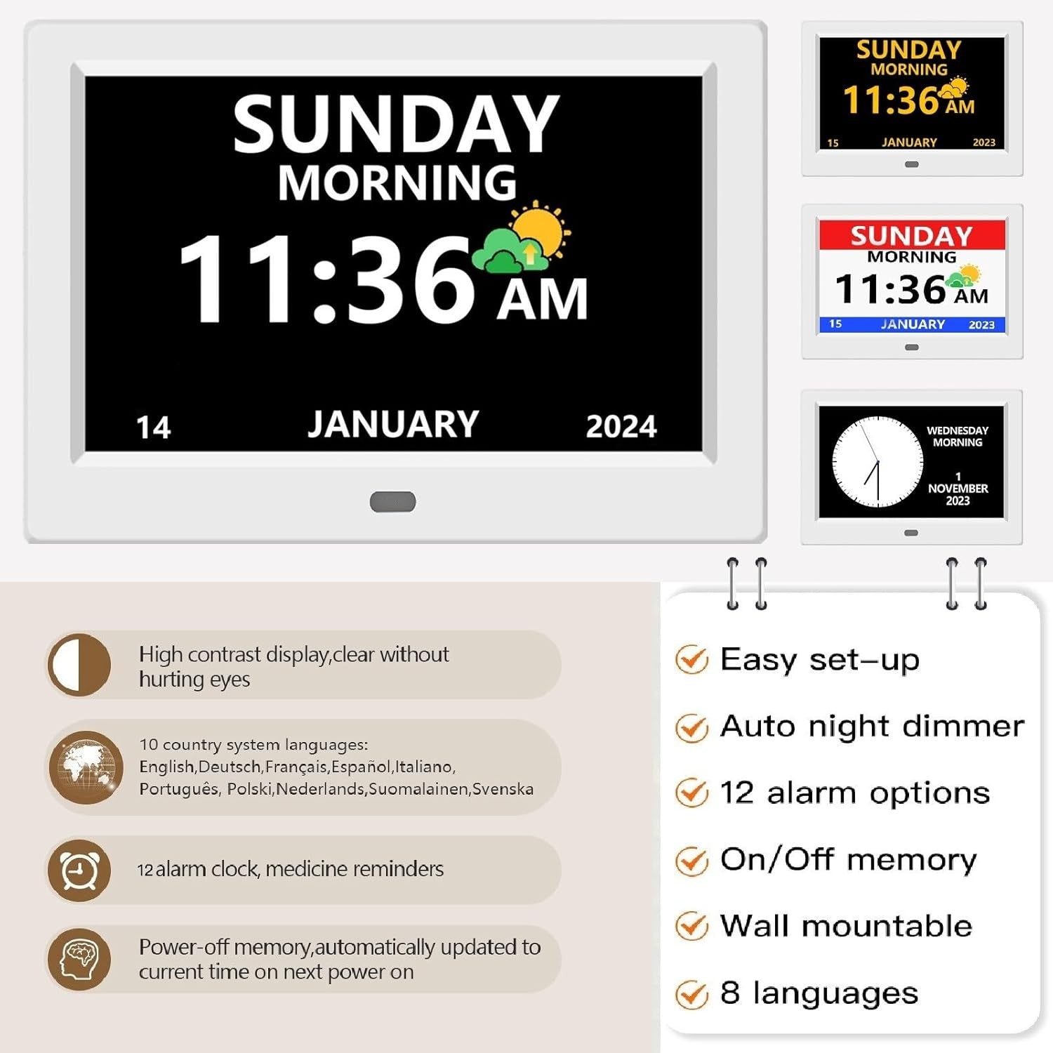 11 Inch Digital Dementia Clock Large Day Date Time Display Auto DST