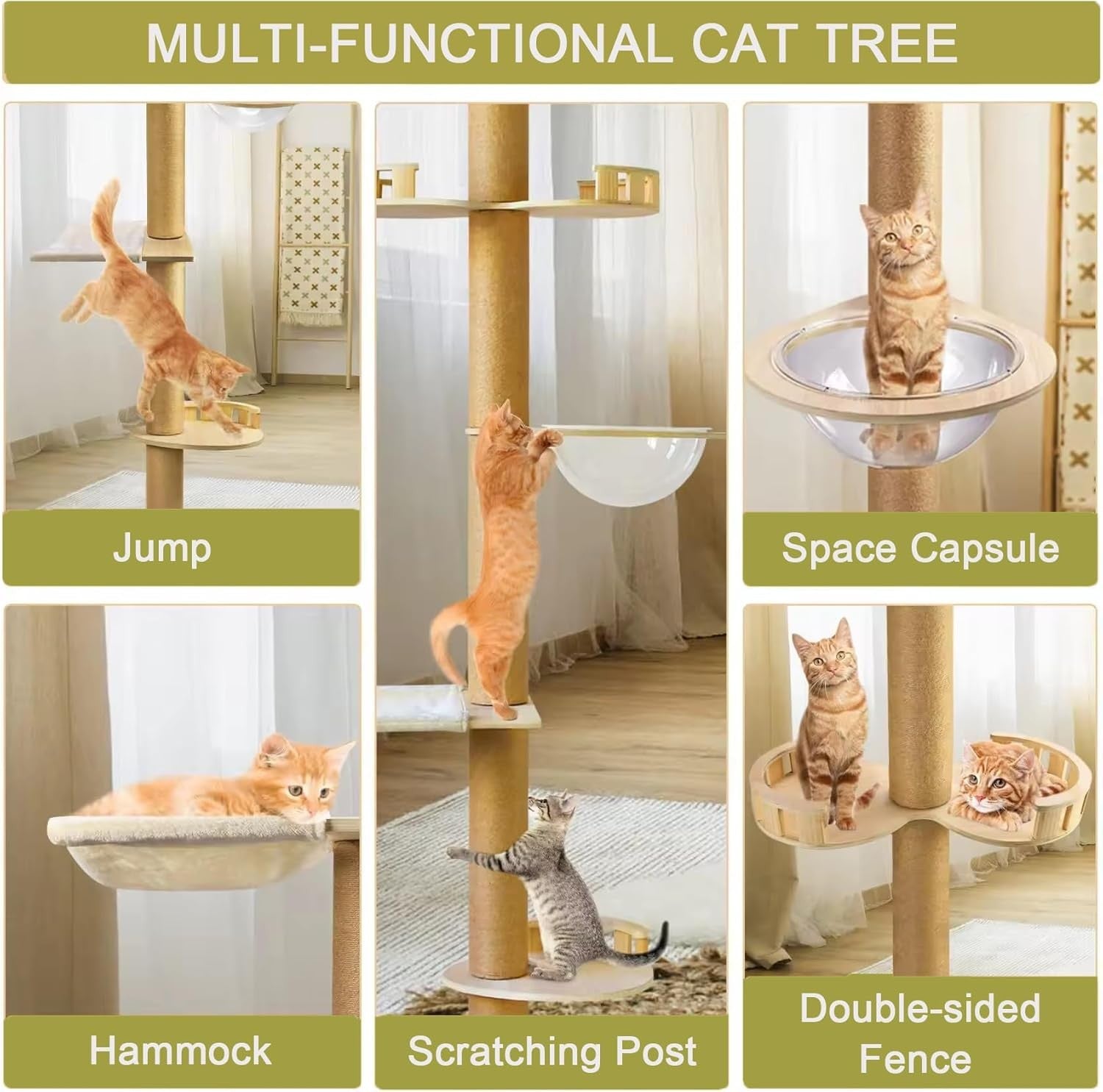 Floor to Ceiling Cat Tree Tower Adjustable Height Scratching Post Hammock
