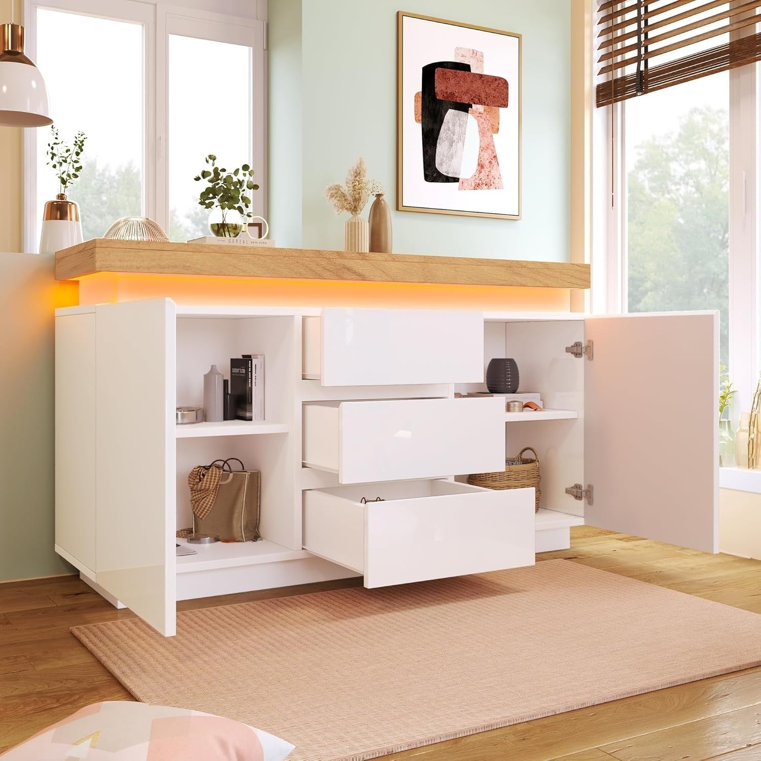 White LED Sideboard Cabinet Gloss 2 Door 3 Drawer Storage Modern Unit