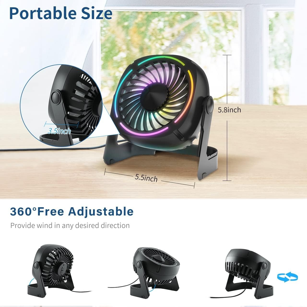 Black USB Desk Fan – 5.3" Portable 3-Speed Fan w/ 8-Color LED & 360° Rotation