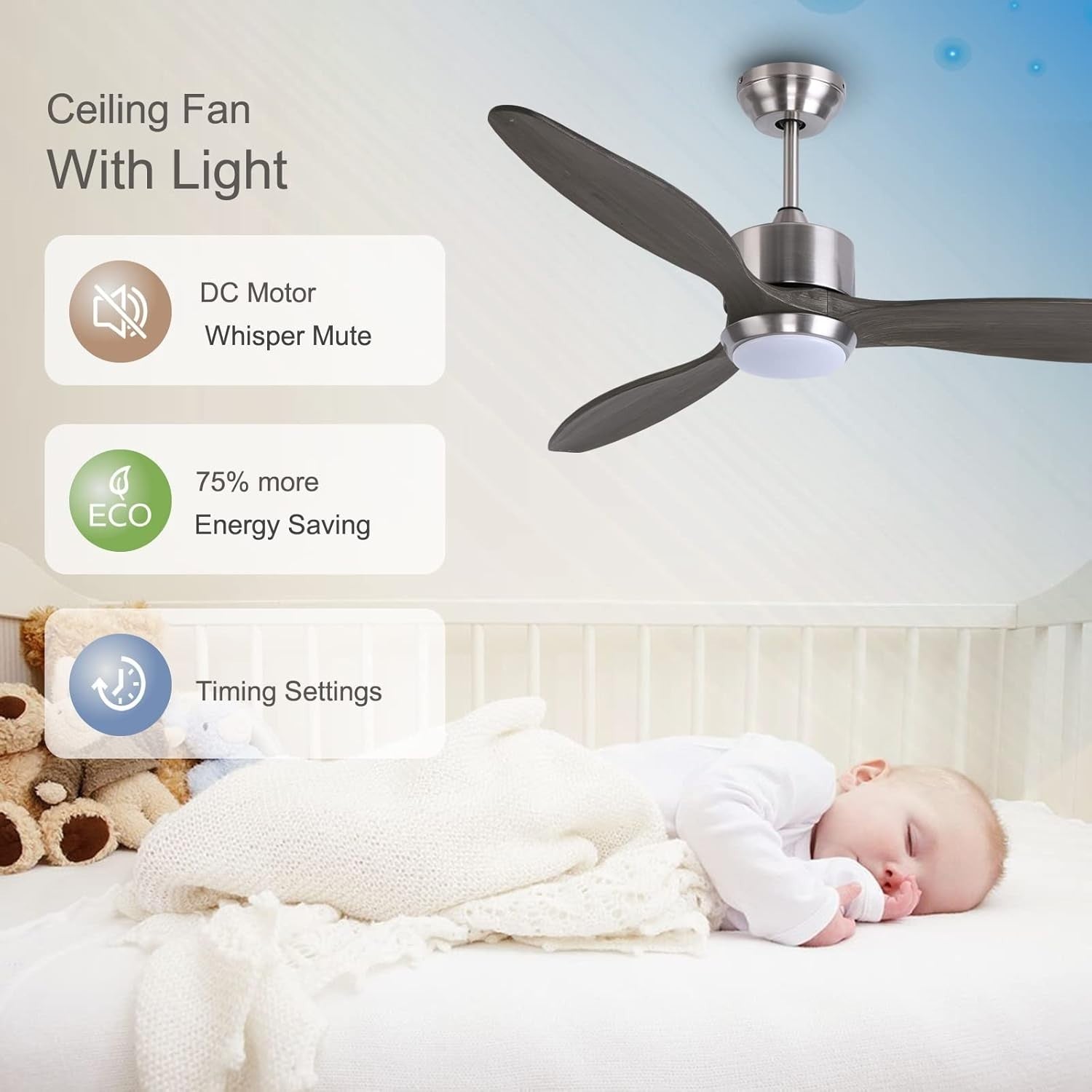 Ovlaim 132cm Solid Wood Ceiling Fan with Light, Quiet DC Motor, Remote