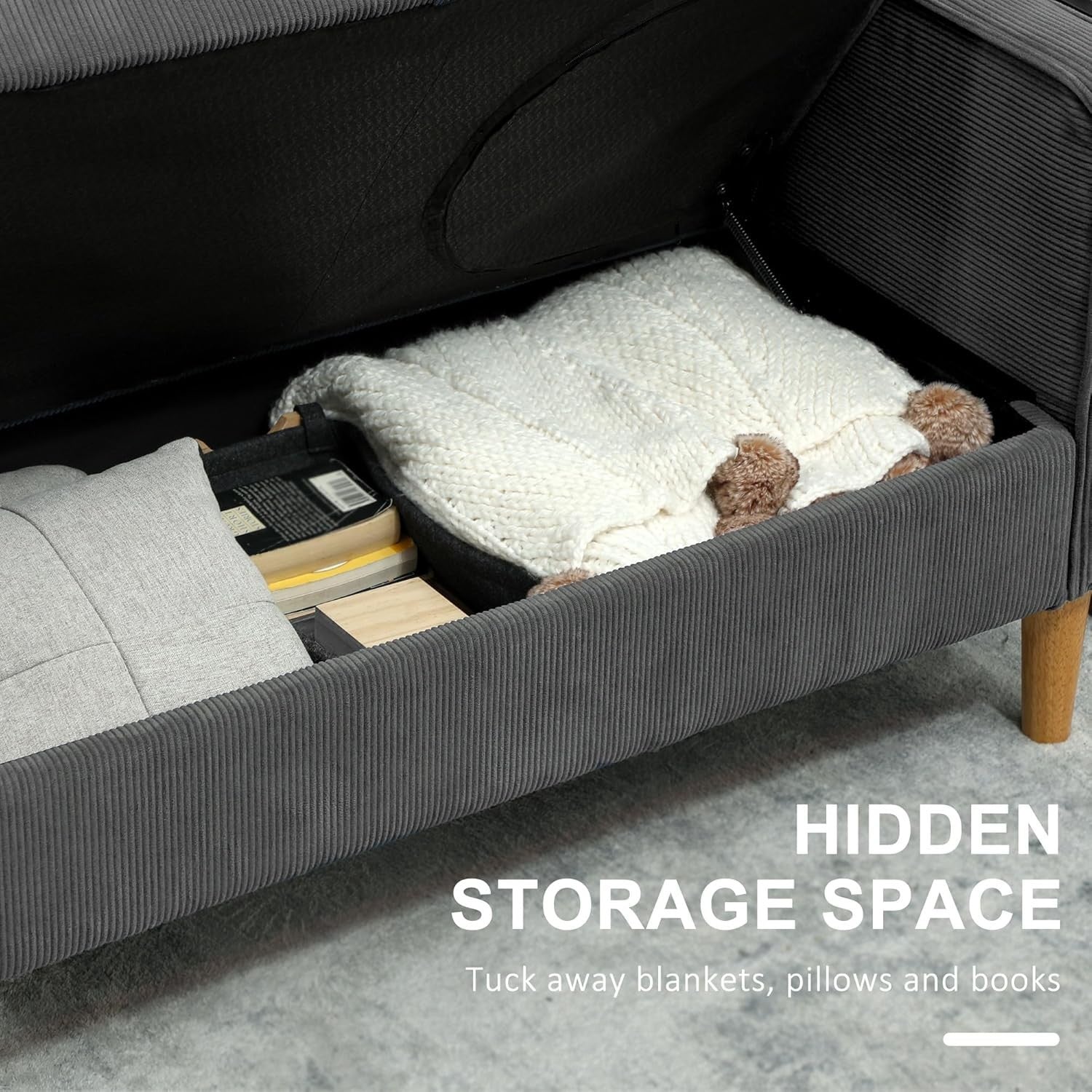 2 Seater Sofa with Storage Grey – Small Space Couch with Wood Legs