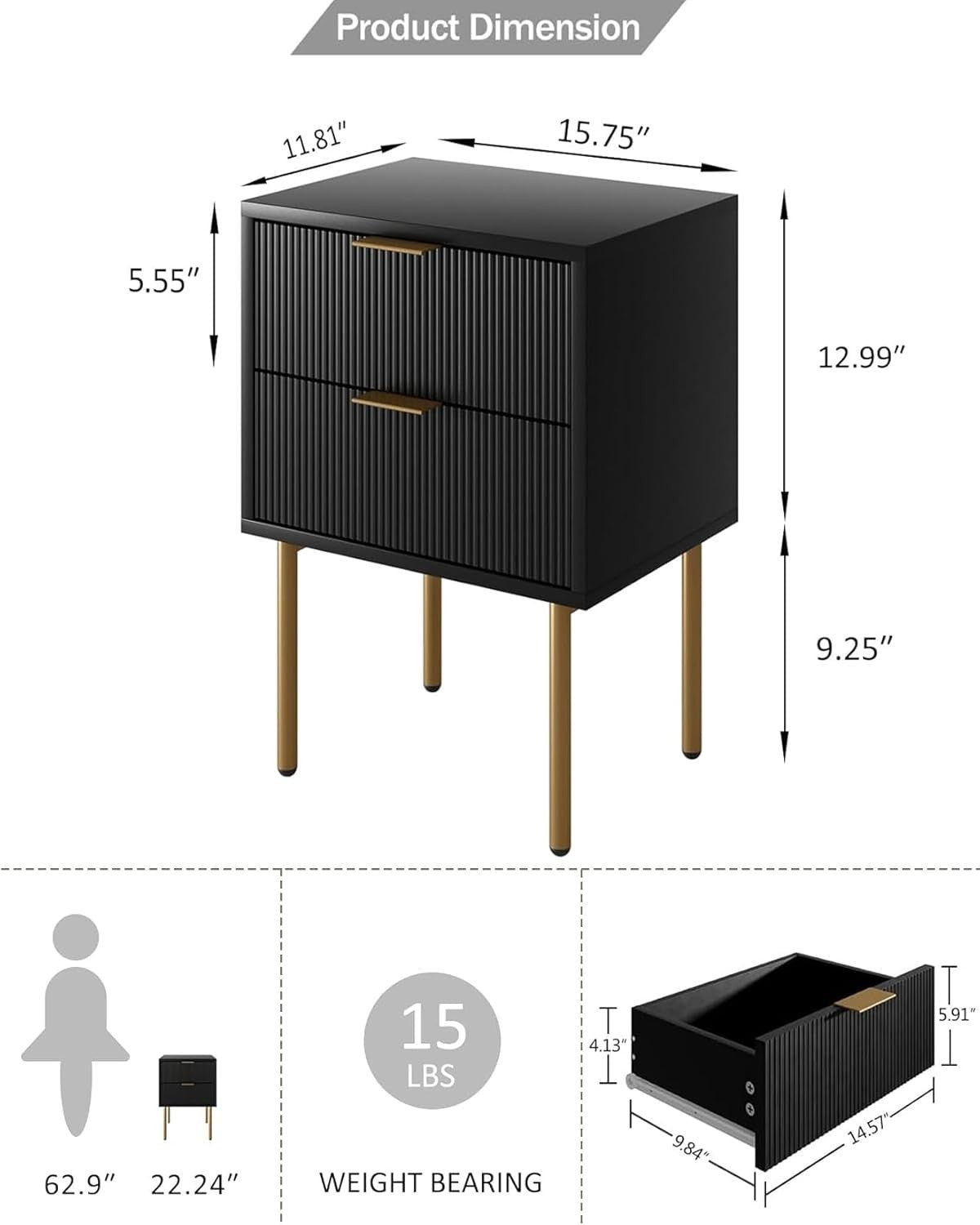 Modern Black Bedside Table with Gold Legs | 2 Drawer Nightstand