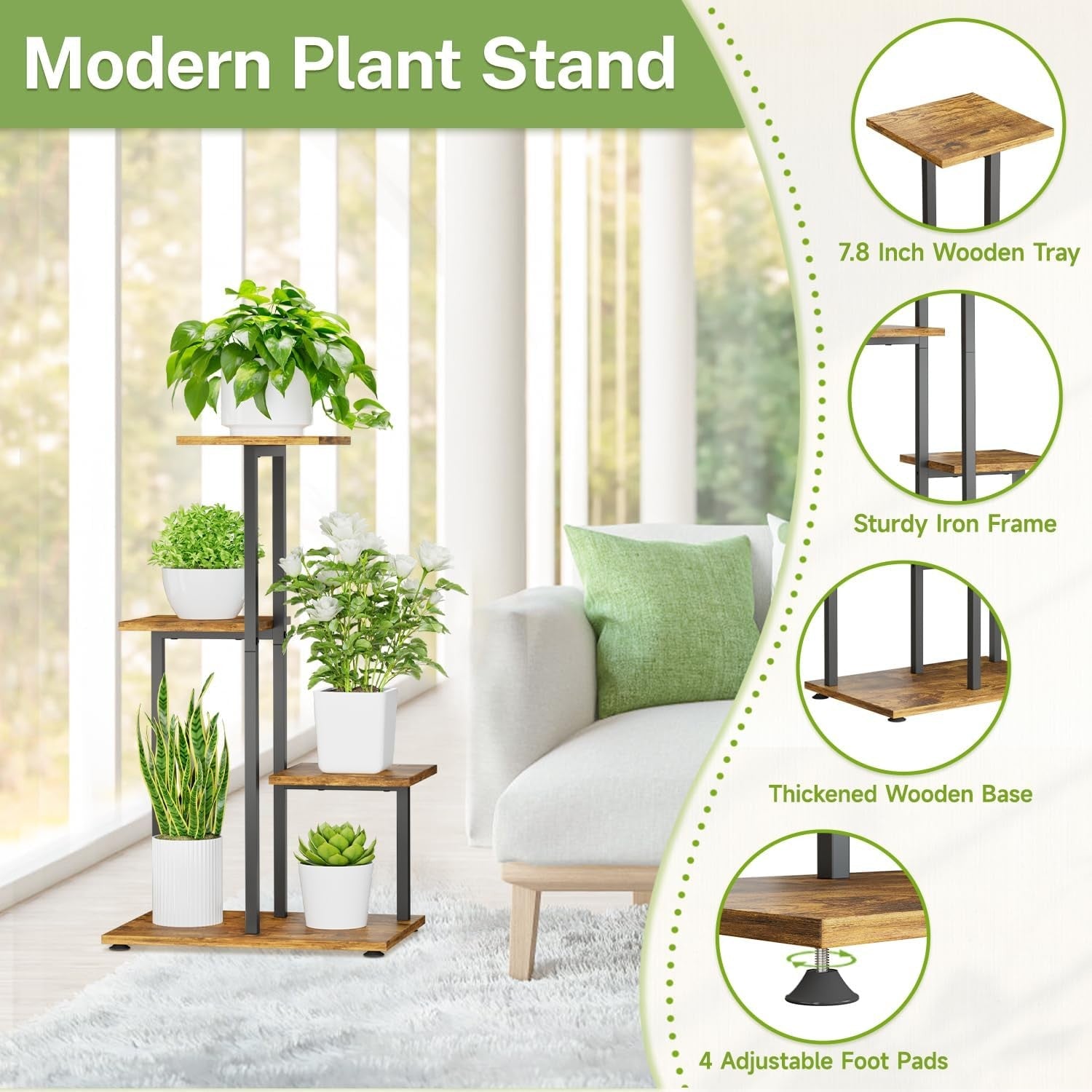 4 Tier Metal & Wood Plant Stand | Tall Corner Indoor Display Shelf for Multiple