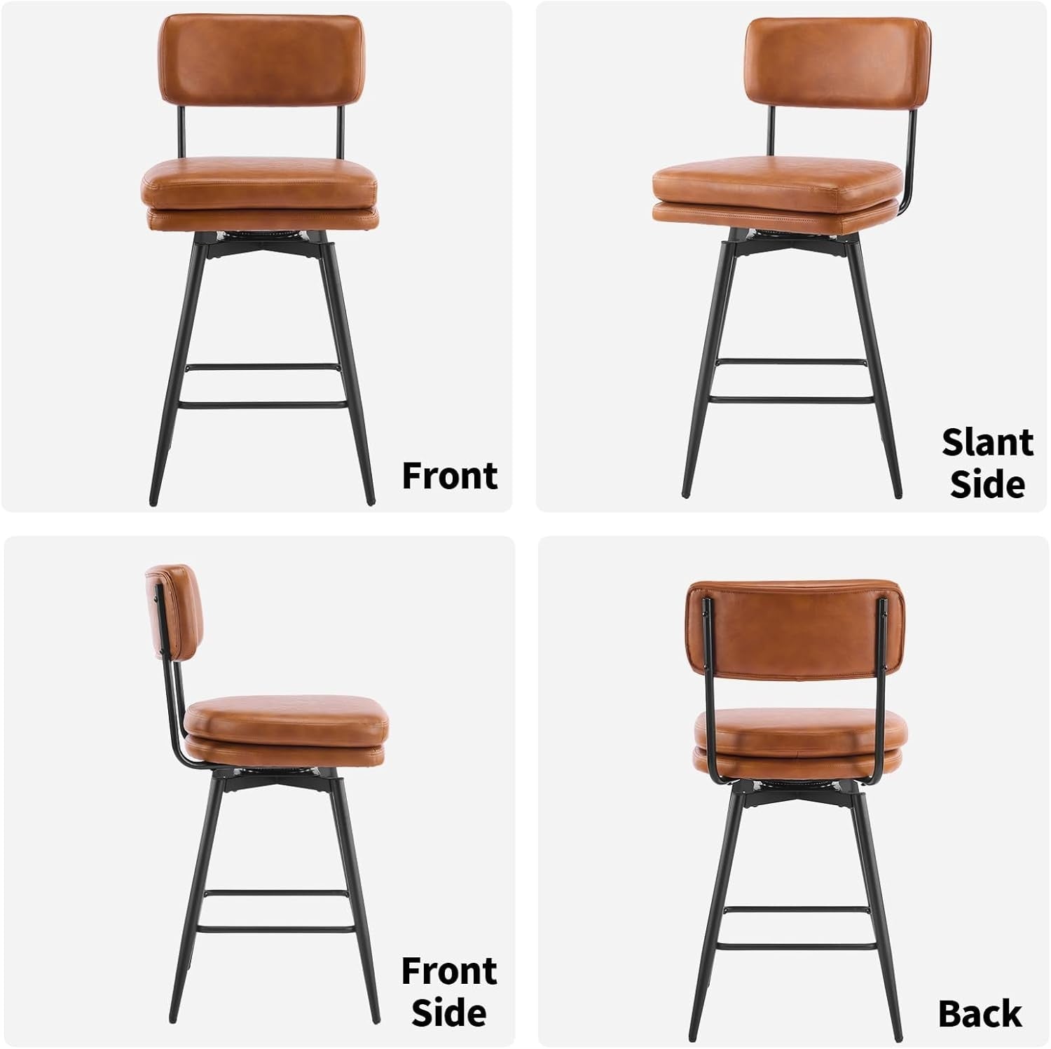 360° Swivel Bar Stools Set of 2 | Brown PU Leather Counter Chairs