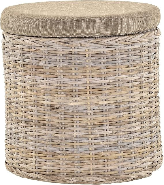 Elegant Round Rattan Laundry Basket with Padded Seat & Lid – Grey Storage Chest