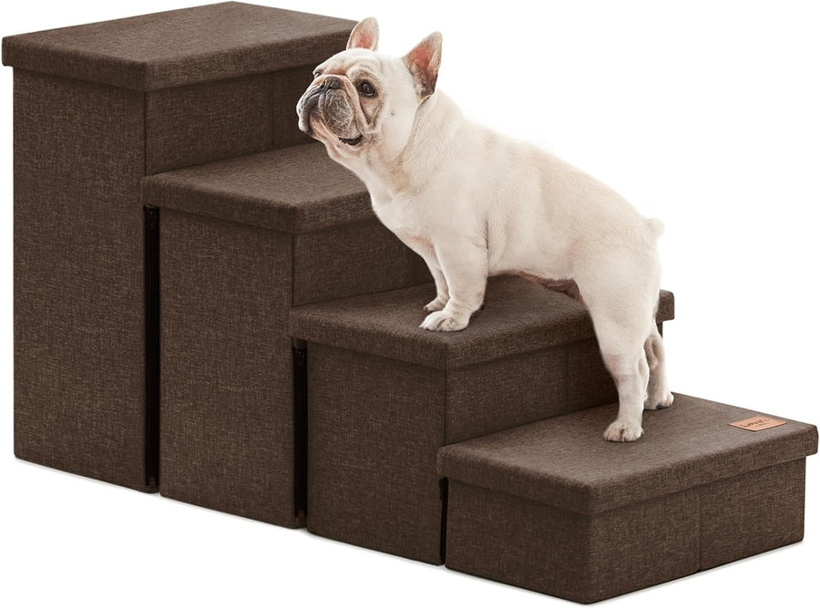 Dog Stairs 4 Step with Storage Foldable Pet Steps Coffee 200lb