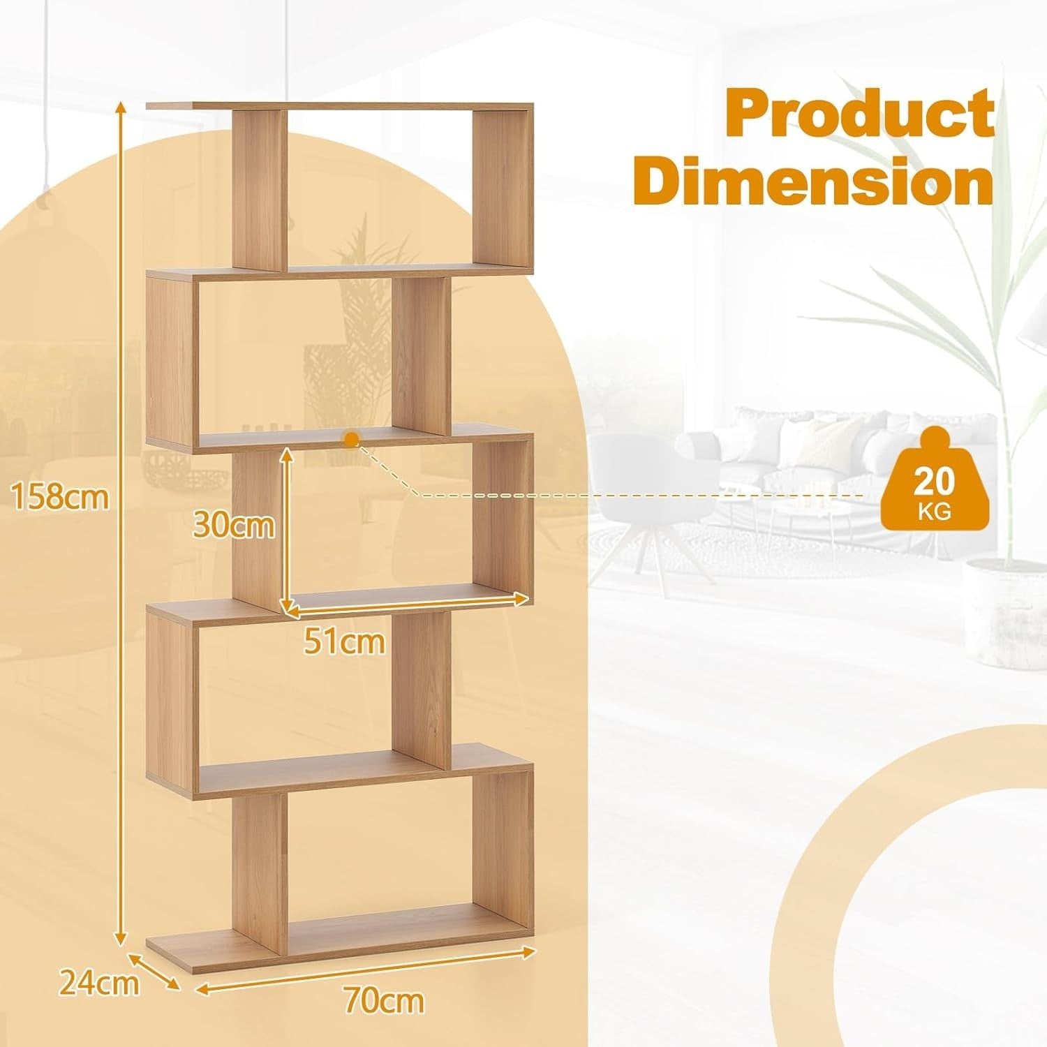 S Shaped 5 Tier Wooden Bookcase Freestanding Display Storage Shelf Natural