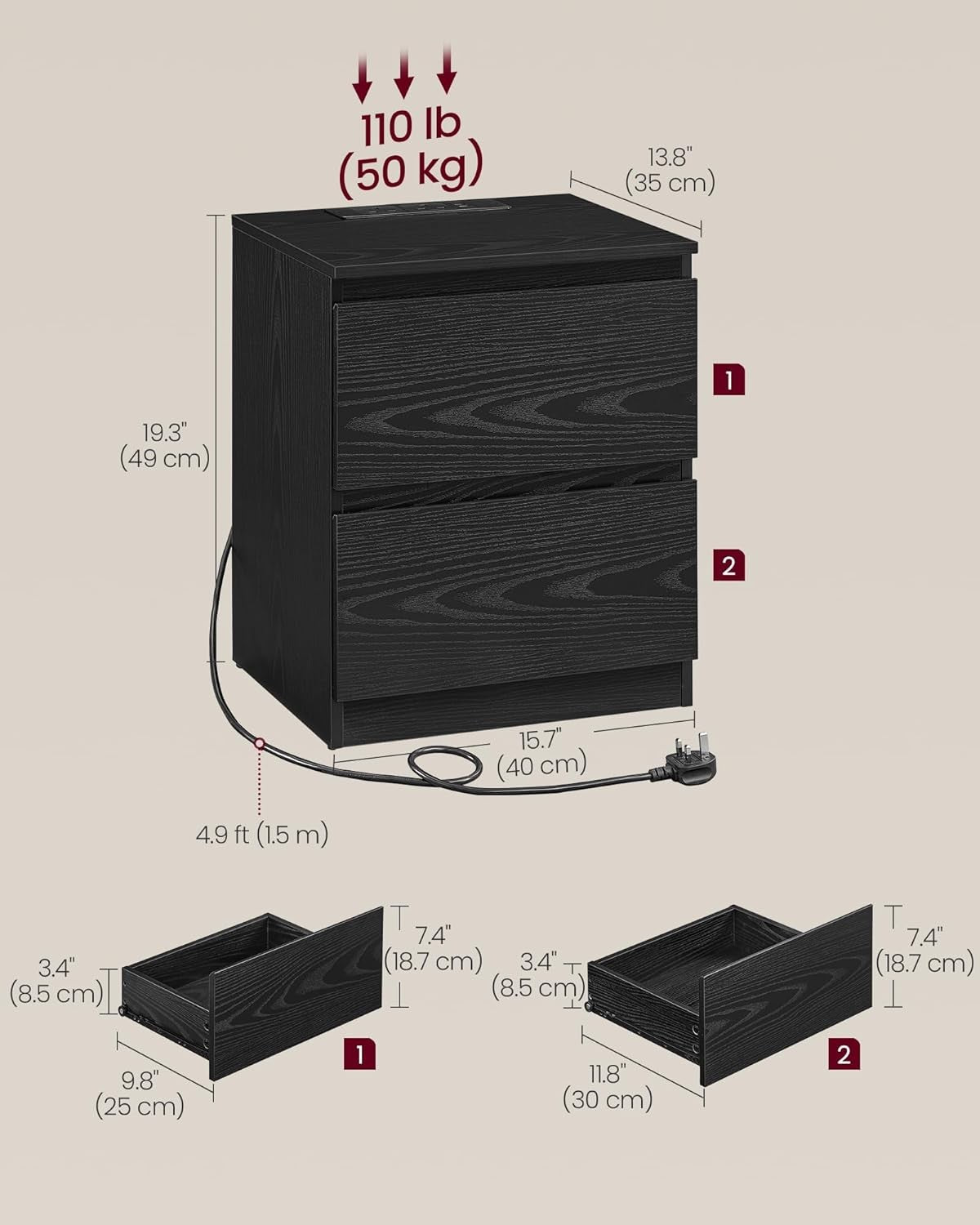 Black Bedside Tables Set of 2 with Charging Ports, 3 Drawers, Modern Storage