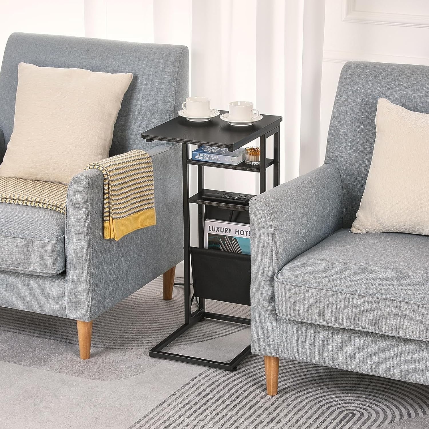 C-Shaped End Table with Charging Station, Storage & Slim 3-Tier Design