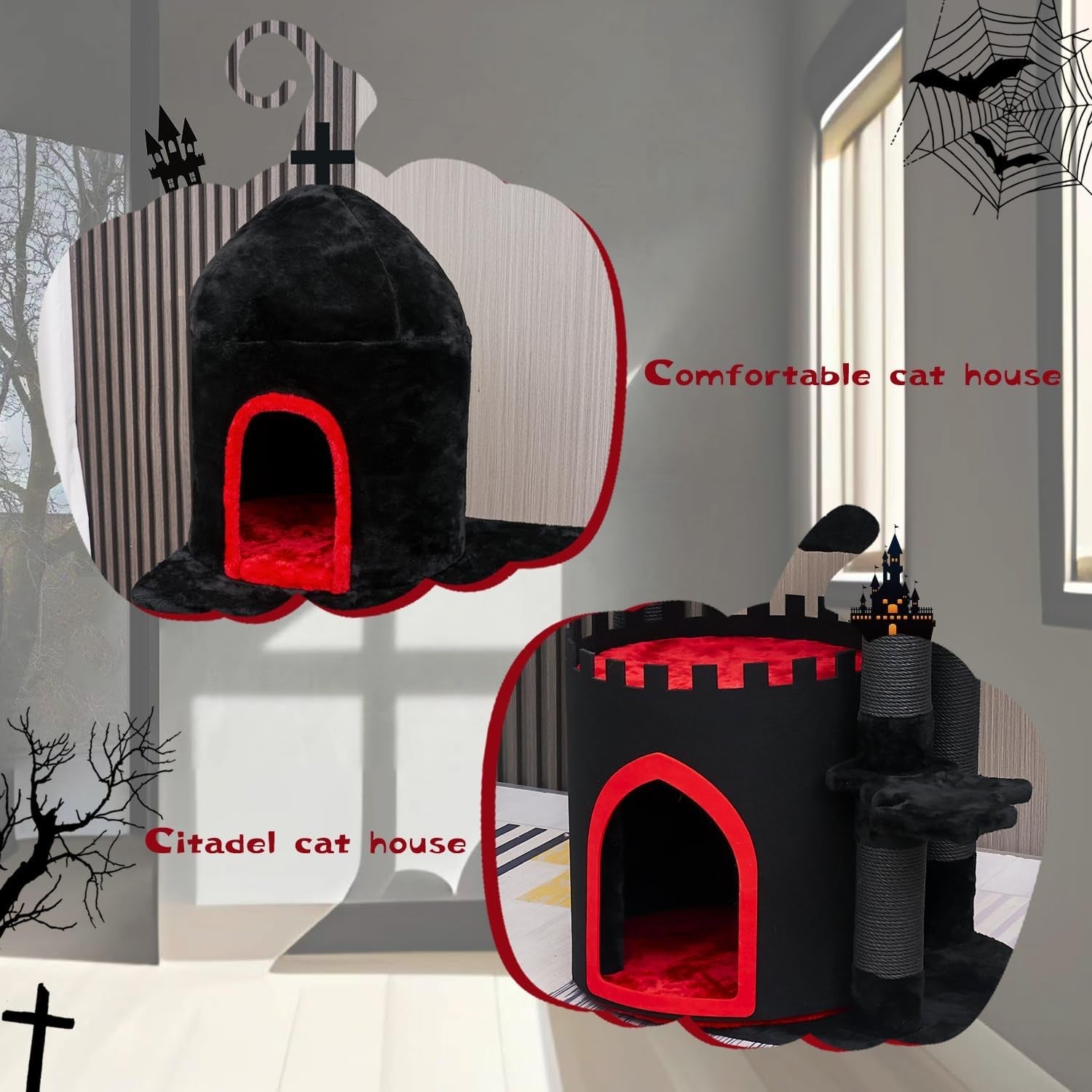 Gothic Cat Tree Castle 56in Black Cat Tower Condo Coffin Bed Scratching