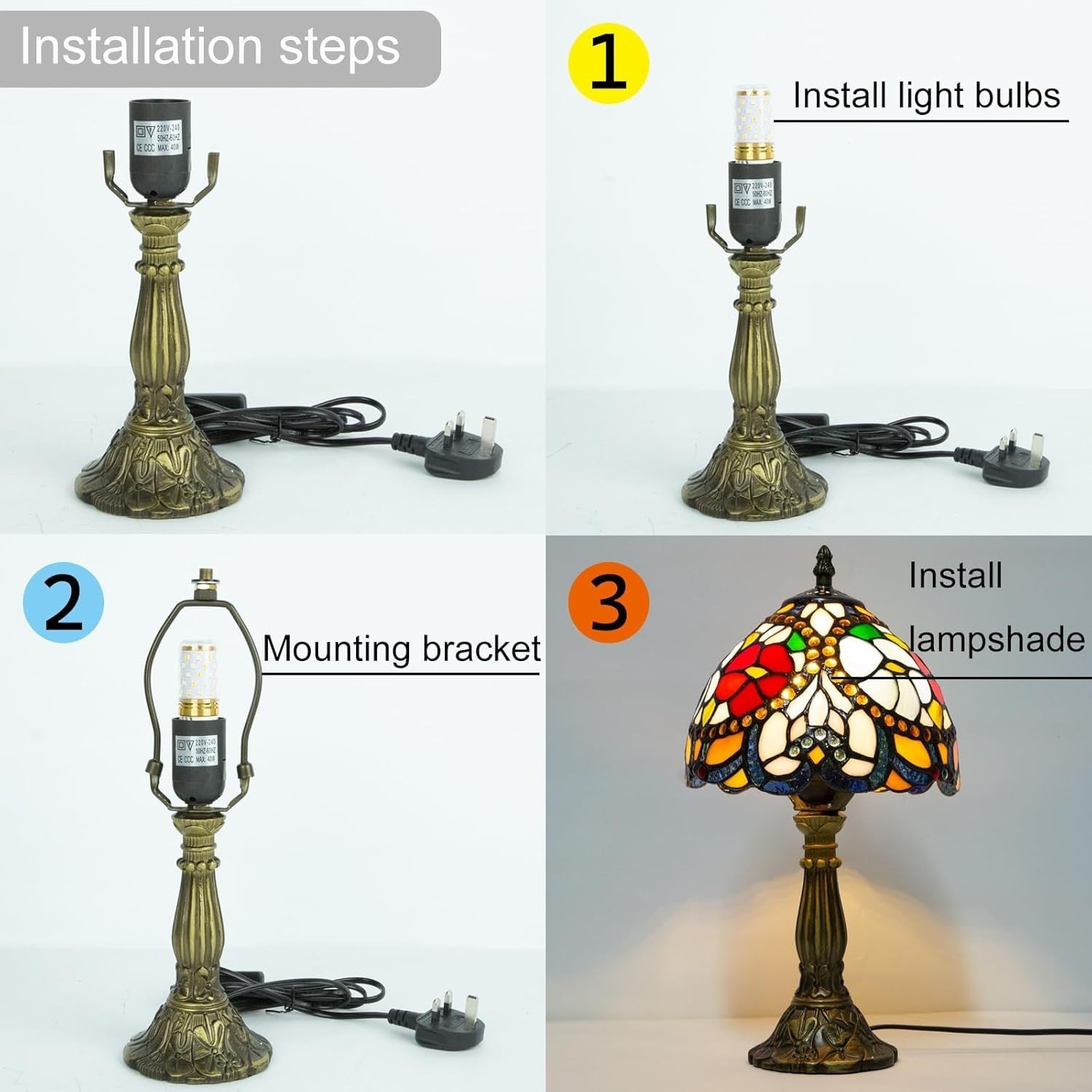 Red Rose Tiffany Table Lamp, Dimmable LED, Vintage Resin, Mood Lighting