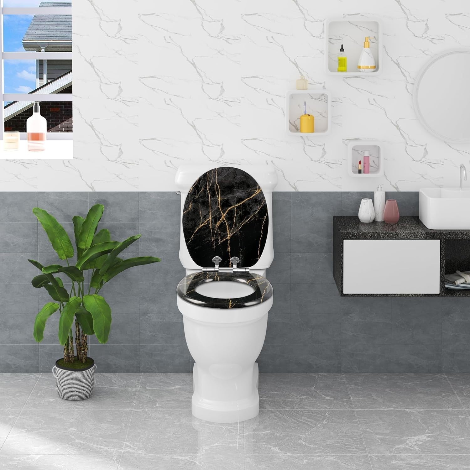 Soft Close O-Shaped Toilet Seat Quick Release MDF Black Granite Heavy Duty