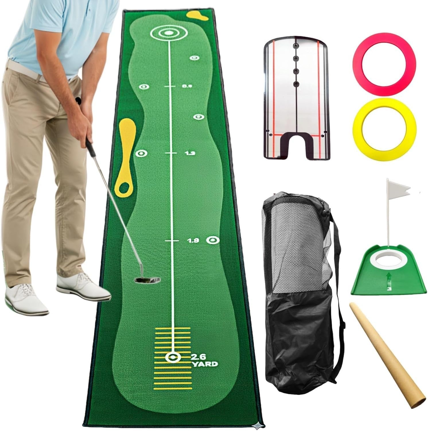 10ft Indoor Golf Putting Green Mat w/ Mirror Cup Rings Brush Practice Set