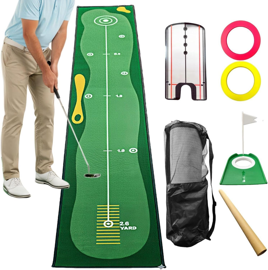 10ft Indoor Golf Putting Green Mat w/ Mirror Cup Rings Brush Practice Set