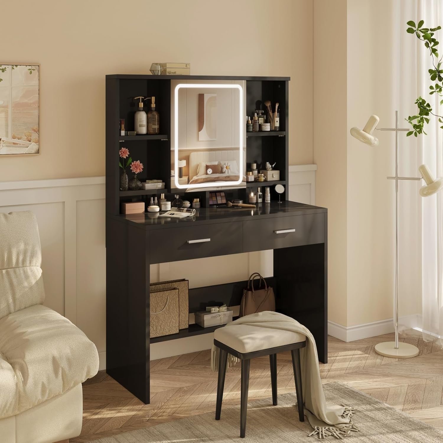 Modern Dressing Table Vanity w/LED Mirror Lights 2 Drawers Storage Black