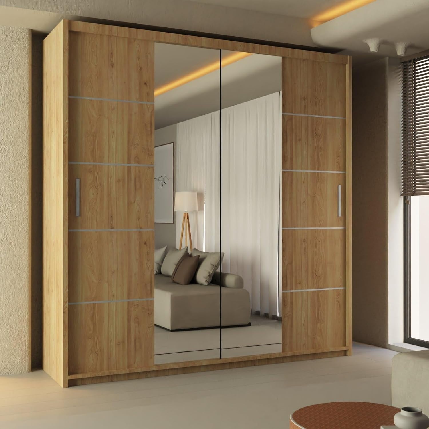 Oak Sliding Wardrobe Mirror Doors 203cm Hanging Rails Storage Modern