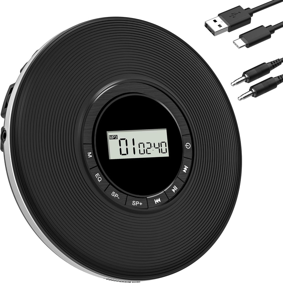 Portable Discman CD Player Anti Skip TF Card AUX Output EQ Black
