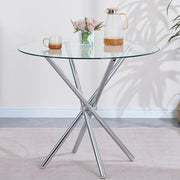 Round Glass Dining Table 90cm Silver Tempered Metal Legs Modern