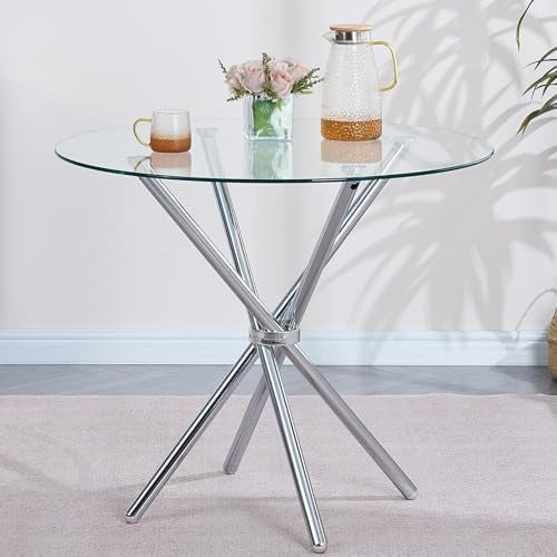 Round Glass Dining Table 90cm Silver Tempered Metal Legs Modern