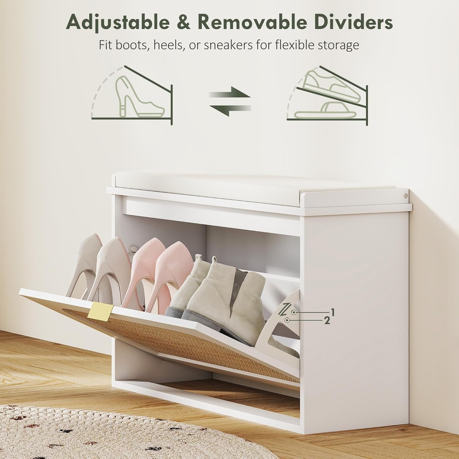 Compact Shoe Storage Bench with Flip Drawer & Padded Seat, Holds 8 Pairs