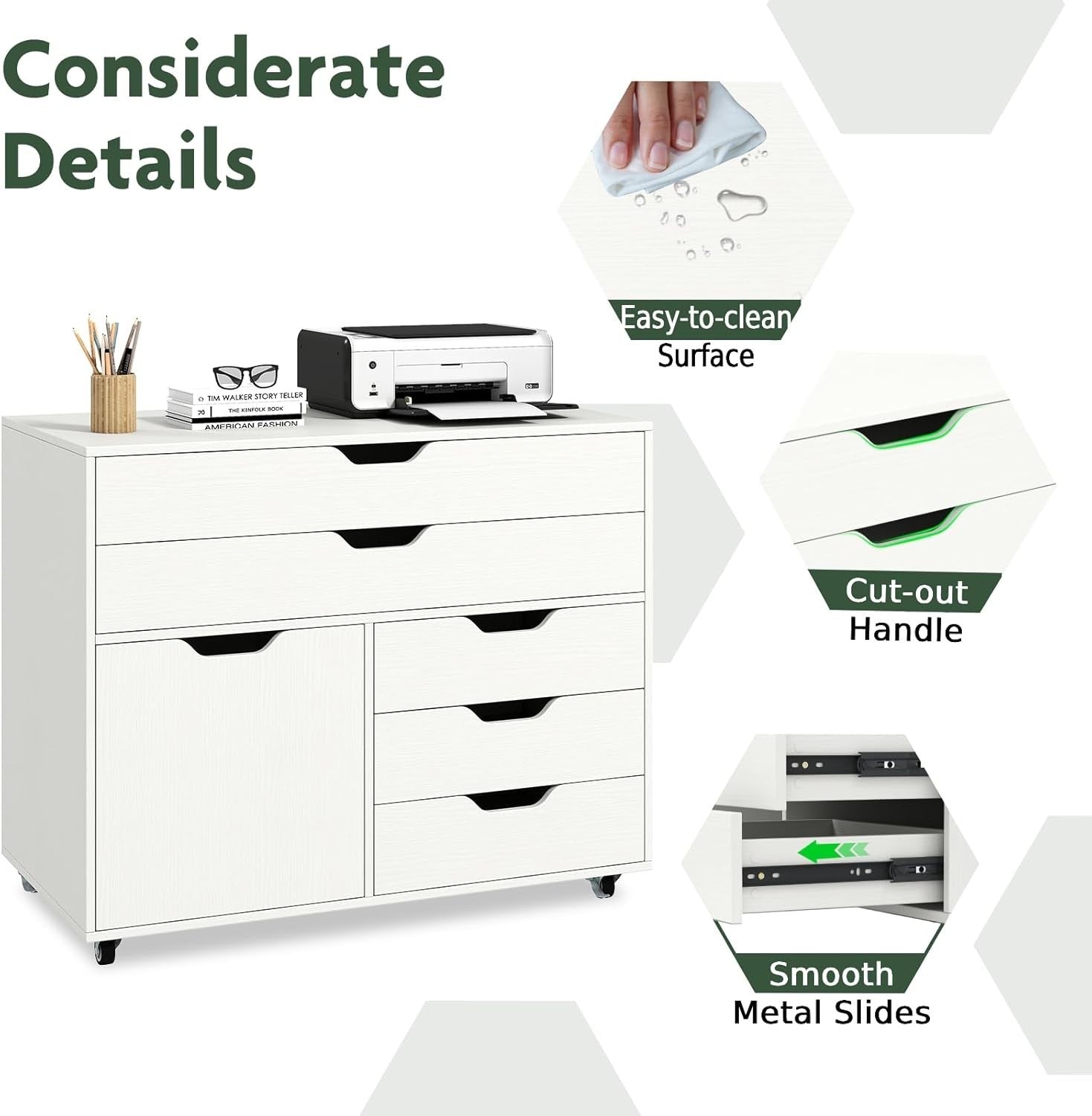 White Mobile File Cabinet 77x40x64cm 5 Drawer Printer Stand