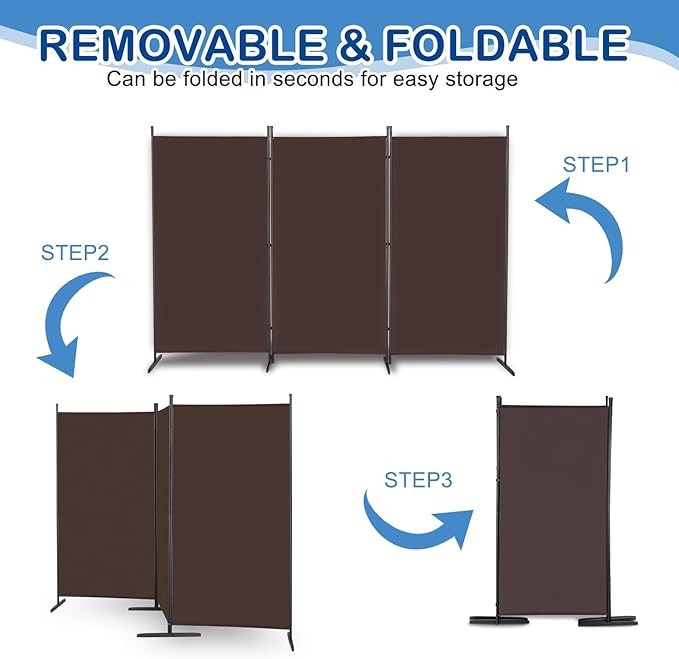 Brown 3 Panel Room Divider 6FT Folding Privacy Screen – Portable Partition Wall