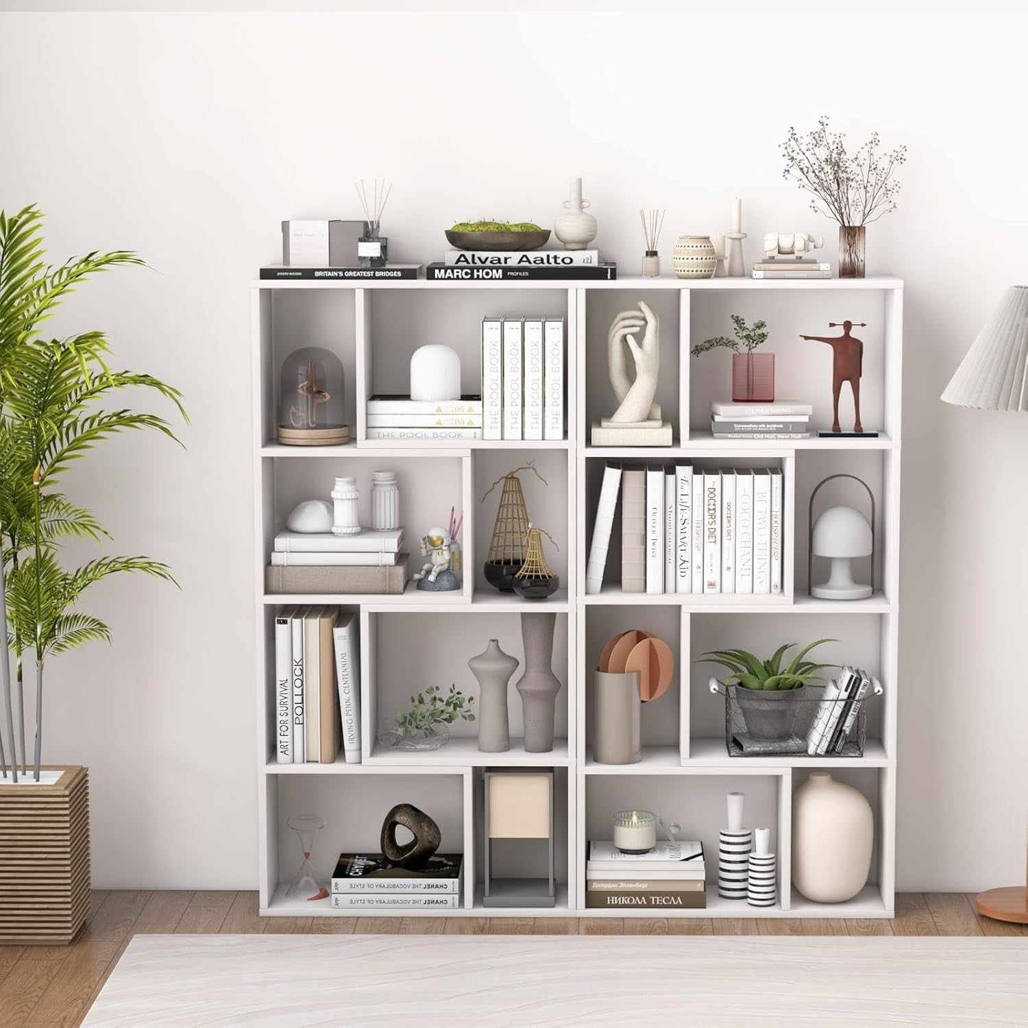 5-Tier White Geometric Bookcase Tall 8-Cube Modern Storage Shelf for Home Office