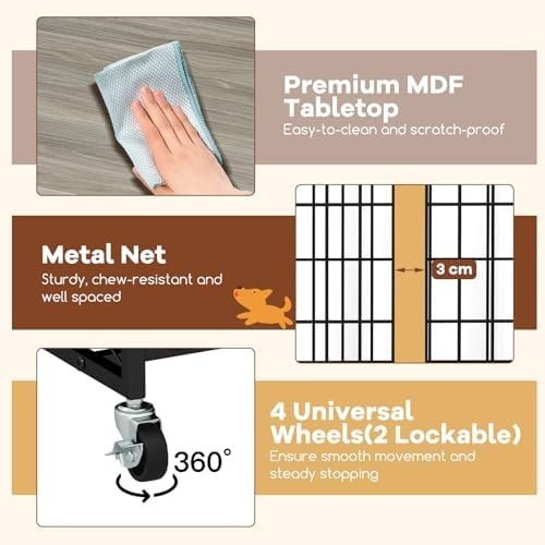 Luxury Indoor Dog Crate Furniture with Wheels, Pull-Out Tray & 3 Doors