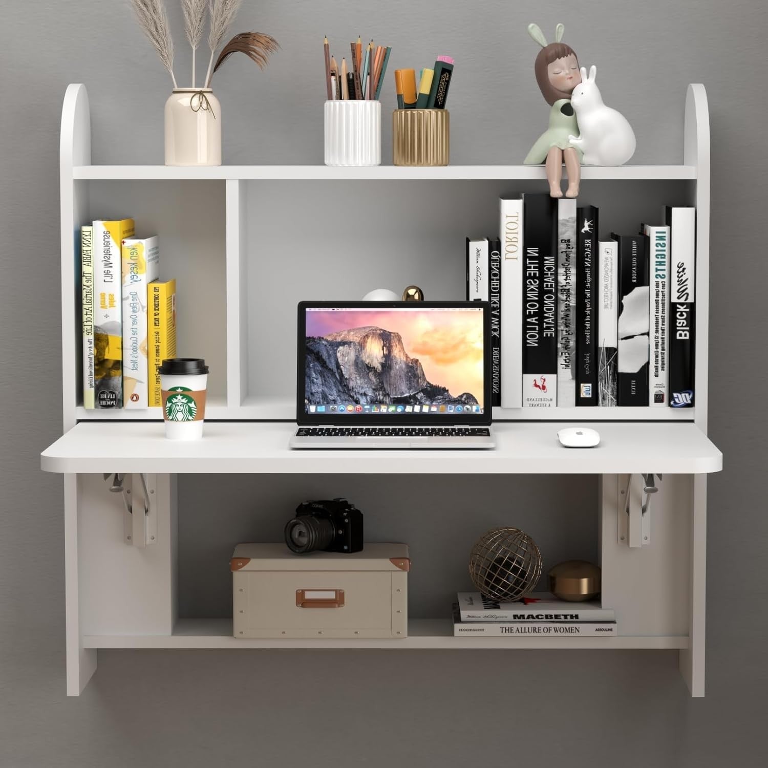 Wall Mounted Folding Desk Floating Laptop Table with Shelves Storage White