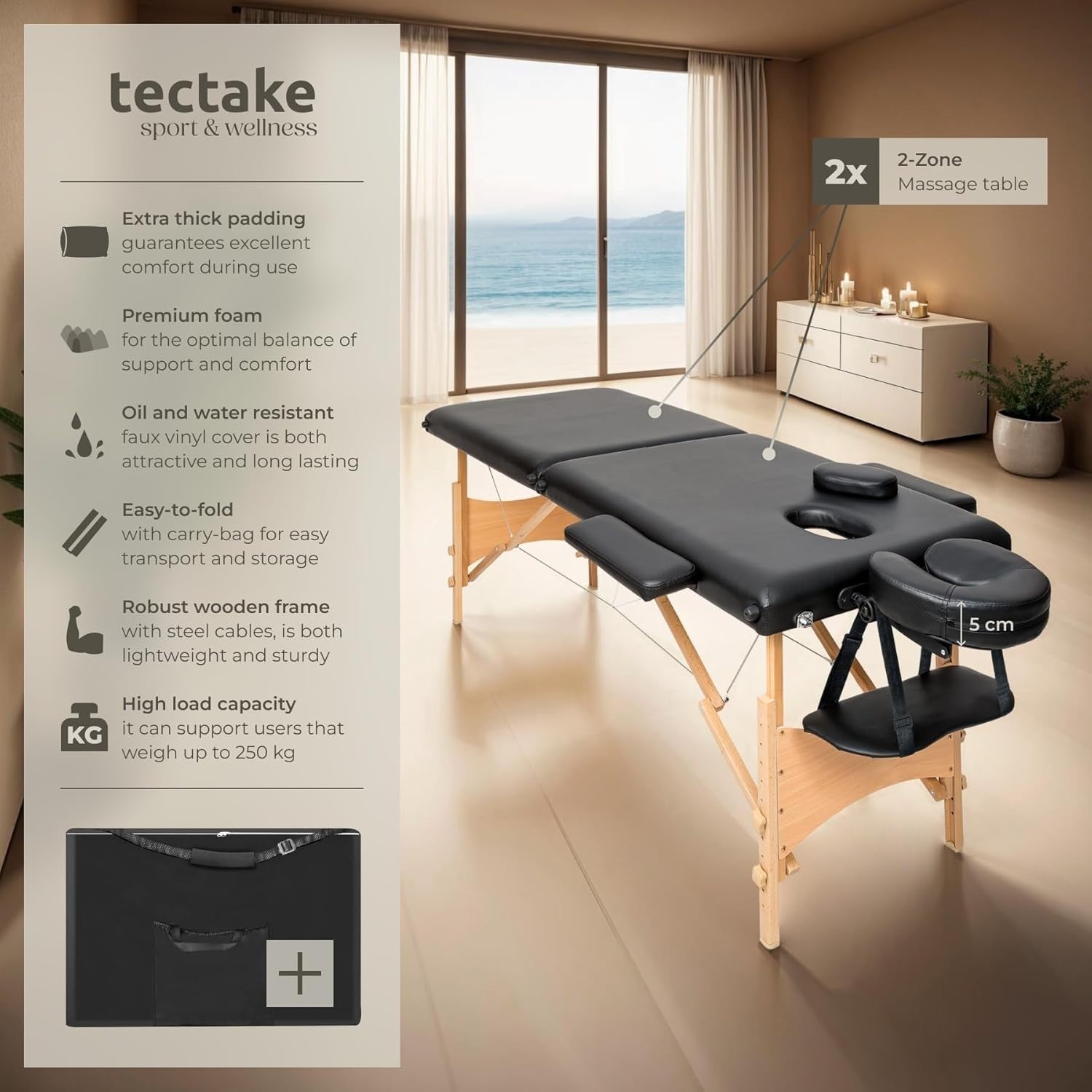 Portable Massage Table Foldable Beauty Therapy Bed 61cm Adjustable Black