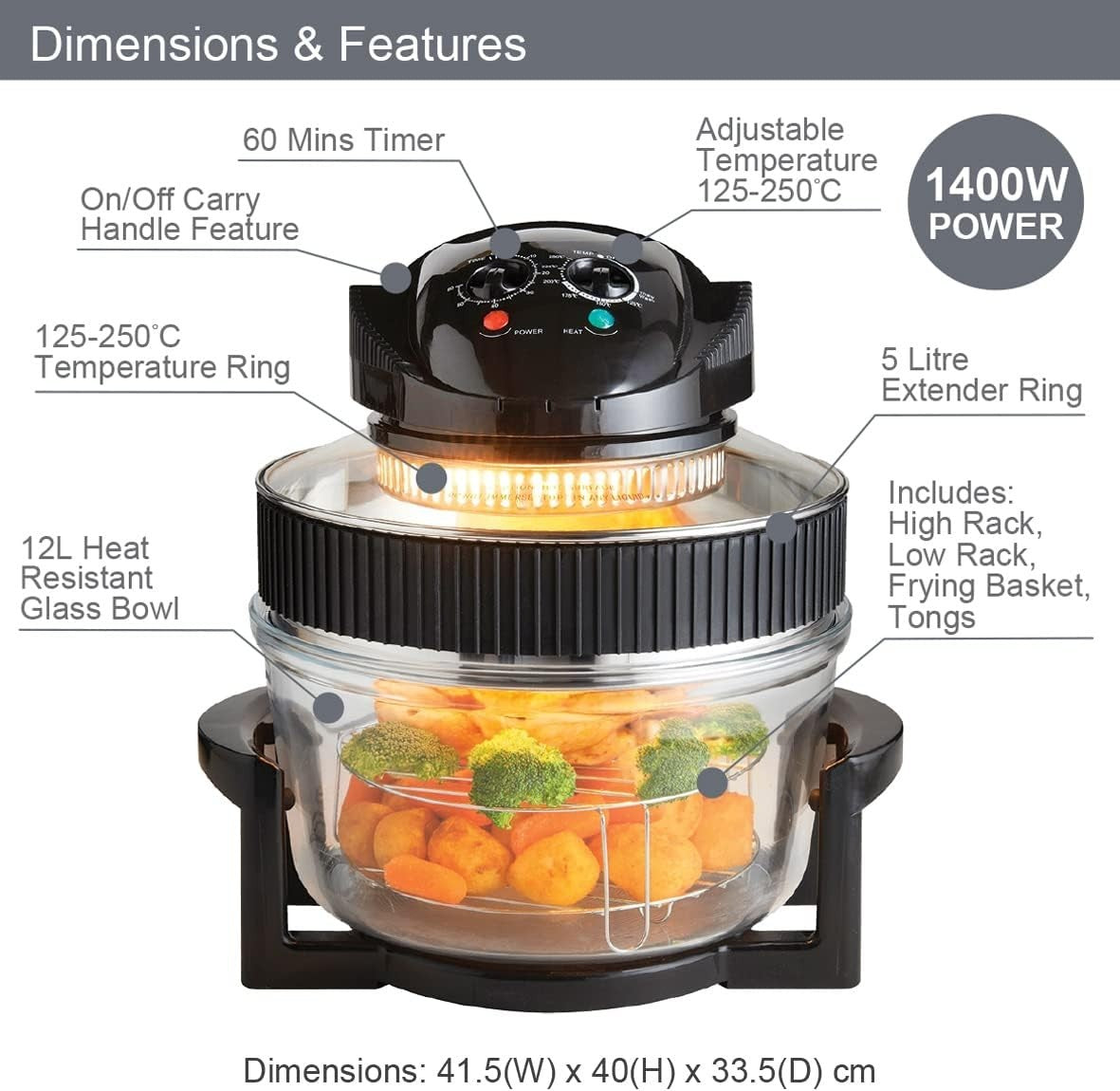 Halogen Air Fryer Oven 17L | Multi-Function, Self-Clean, Timer, Extender Ring