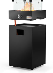 Gas Fire Pit Heater with Glass Wind Guard & Wheels, Smokeless Patio Heating