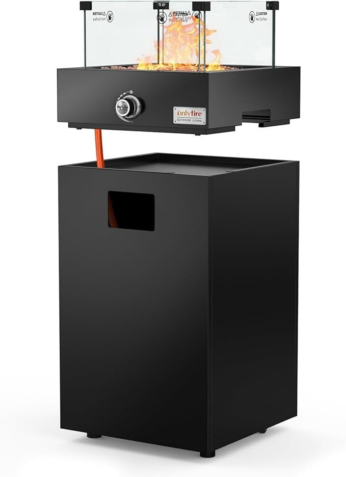 Gas Fire Pit Heater with Glass Wind Guard & Wheels, Smokeless Patio Heating