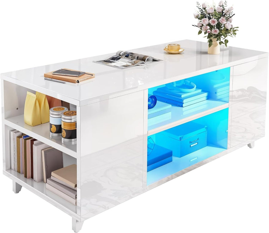 White High Gloss LED Coffee Table with Adjustable Storage, 97.5x48cm
