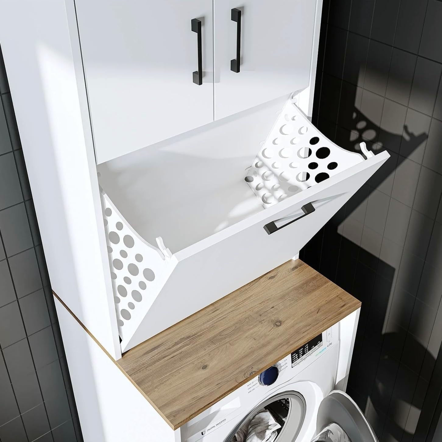White Oak Washing Machine Cabinet with Laundry Basket & Storage Cupboards 180cm