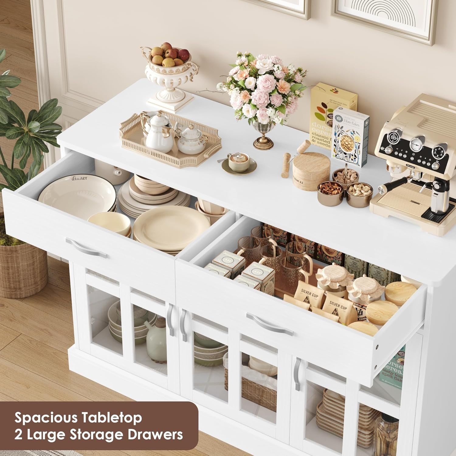White Sideboard Cabinet Glass Doors Storage Unit with Drawers Shelves