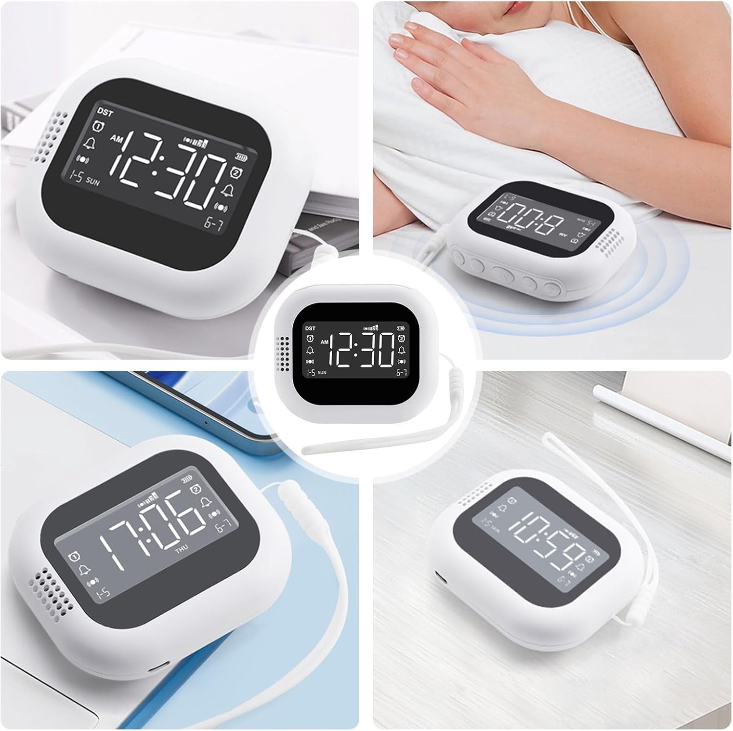 Rechargeable Vibrating Alarm Clock White LCD Display Heavy Sleepers
